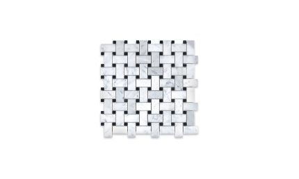 White Carrara Marble Basketweave Black Dot