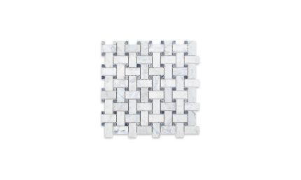 White Carrara Marble Basketweave Blue Dot