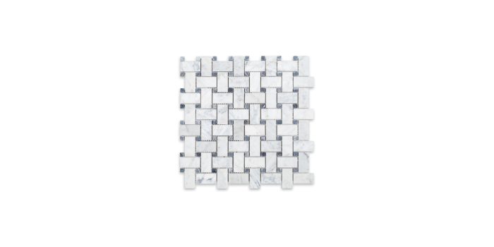 White Carrara Marble Basketweave Blue Dot